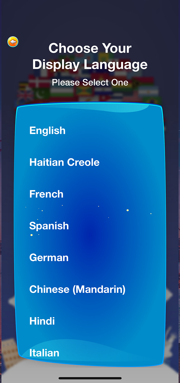 My Native Tongue mobile app choose a language screen in Miami, FL